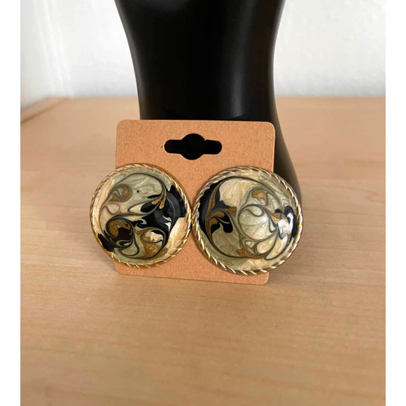 Gold Black Vintage Resin Acrylic Pour Earring Set Lot of 2 Triangle Circle Stud - Picture 3 of 6